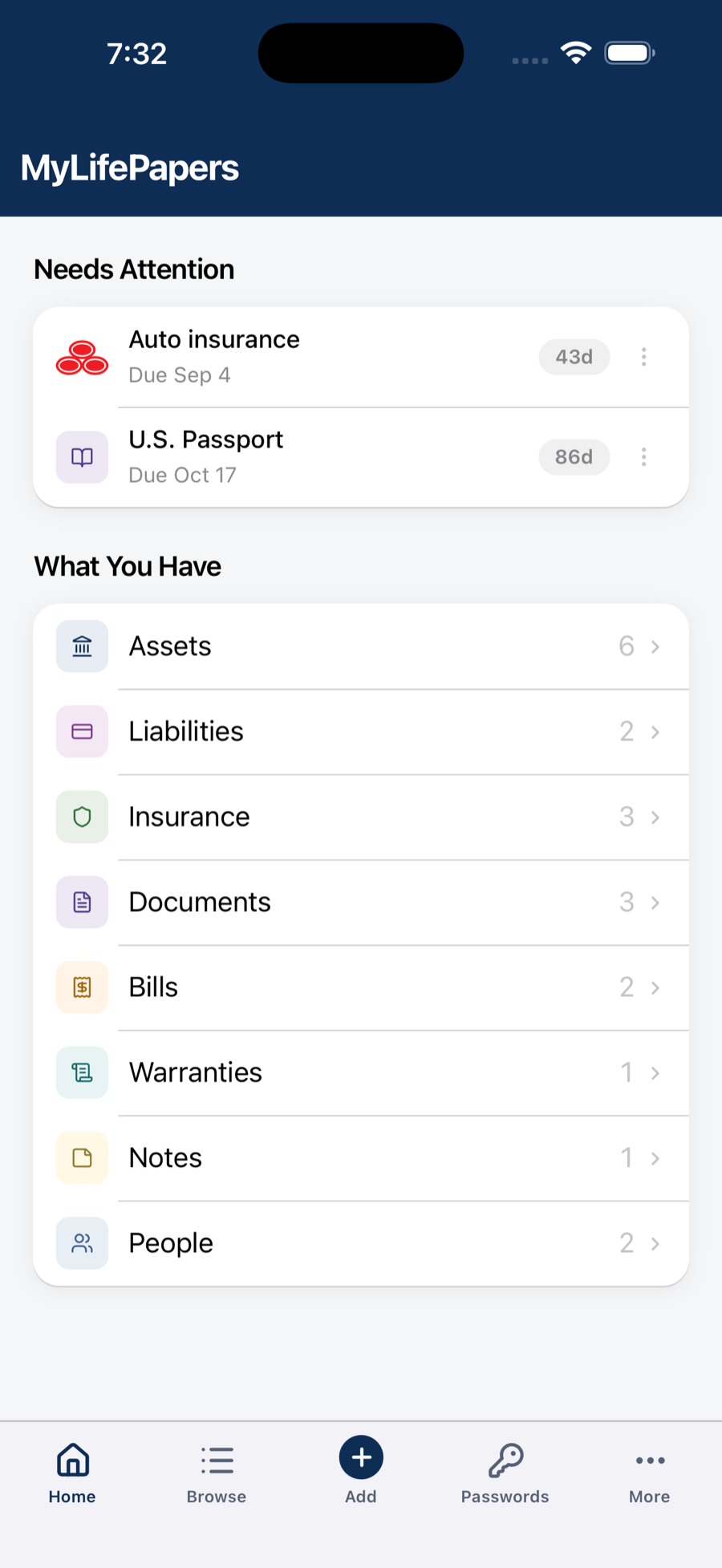 MyLifePapers home showing what needs attention