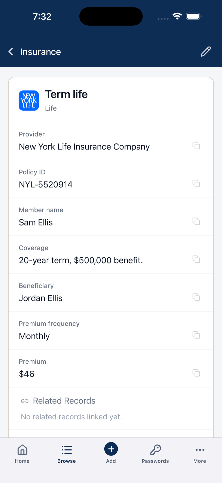 A term life insurance record on iPhone