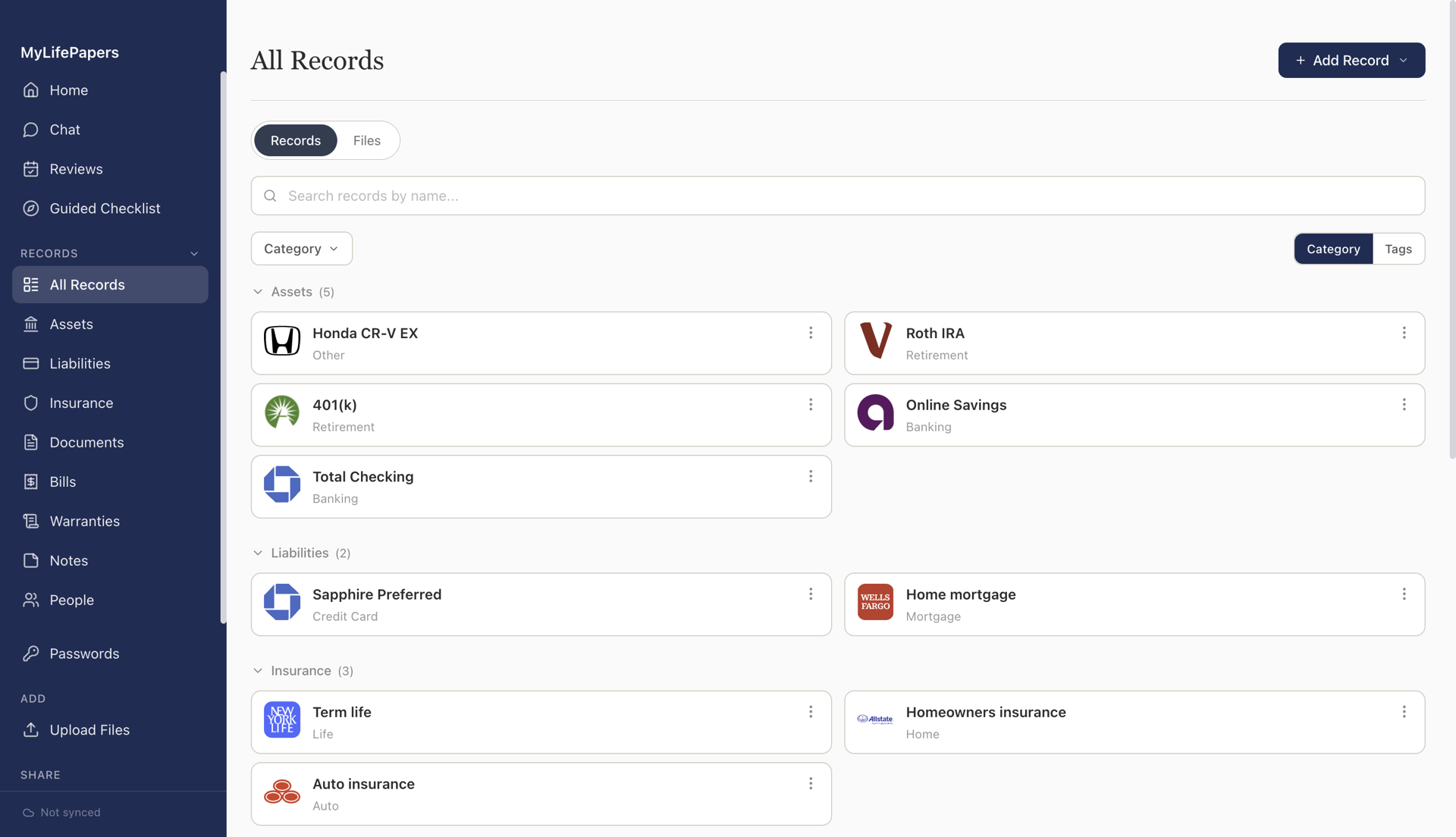 MyLifePapers showing a household's records grouped by type, each with its real institution logo.